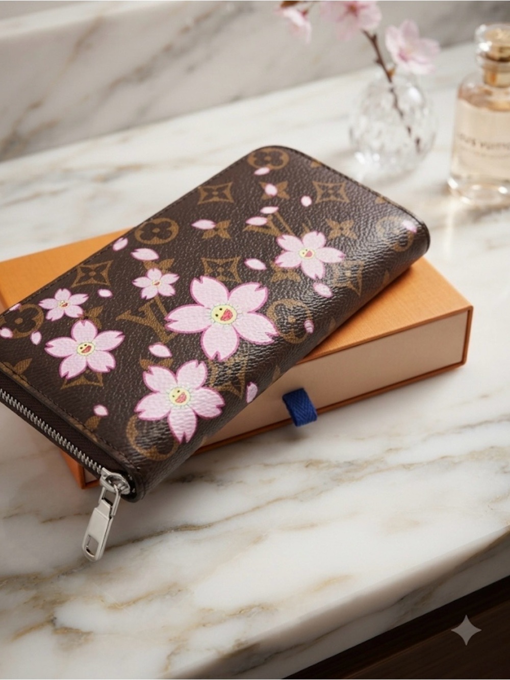 Brown Monogram Zip Wallet with Pink Floral Print